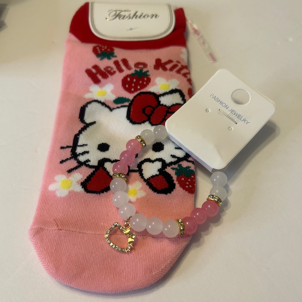 HELLO KITTY SWEET Pink and White Beaded Bracelet with  Kitty Socks